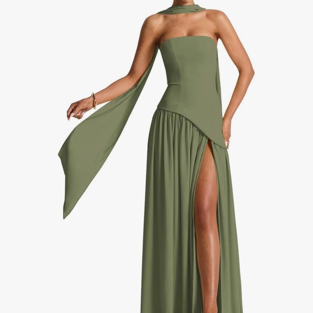 Olive Strapless High-Slit Evening Dress with Draped Scarf